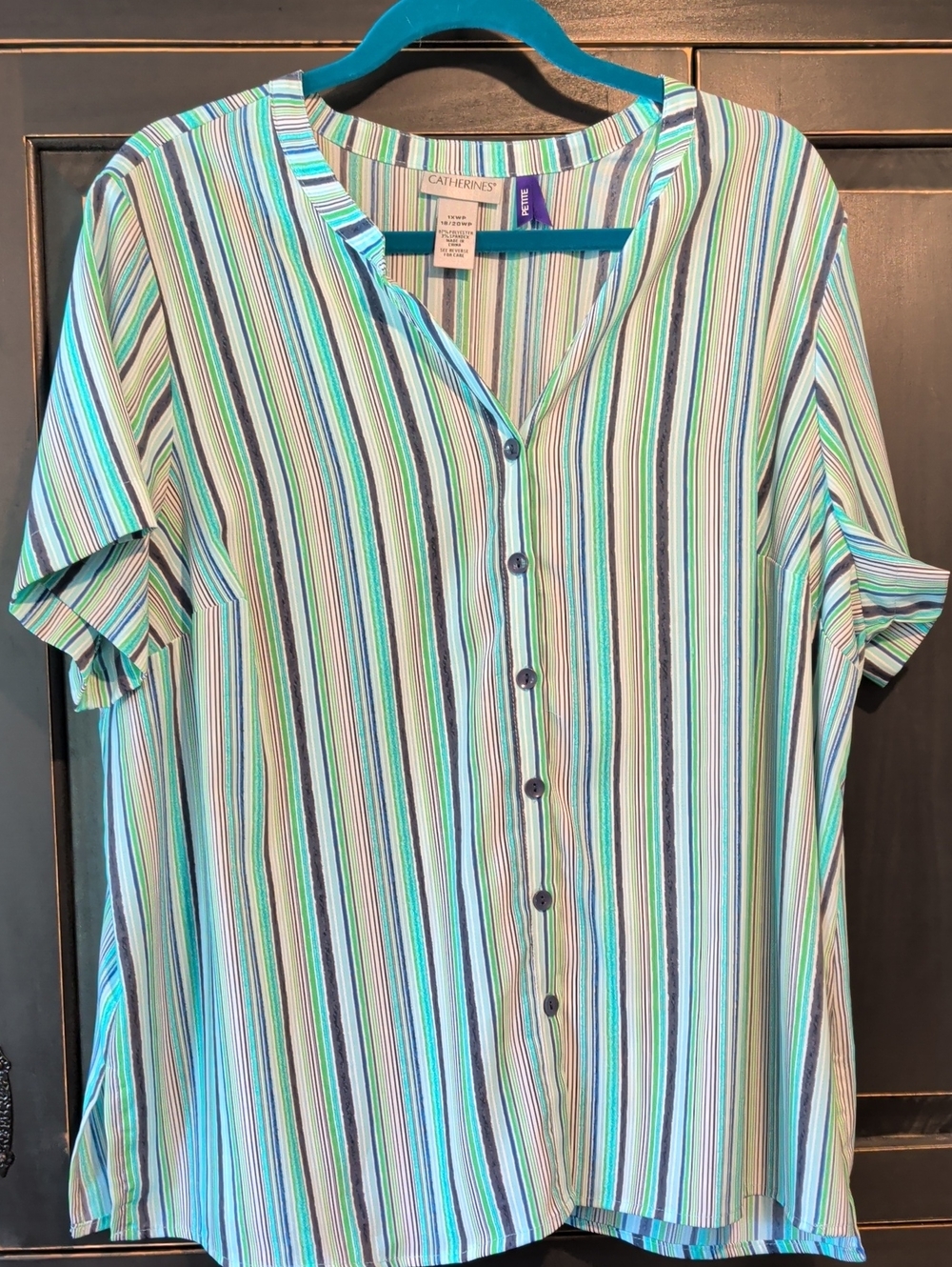 Catherines Blue & Green Striped Button-Front Women’s Top 1X Petite